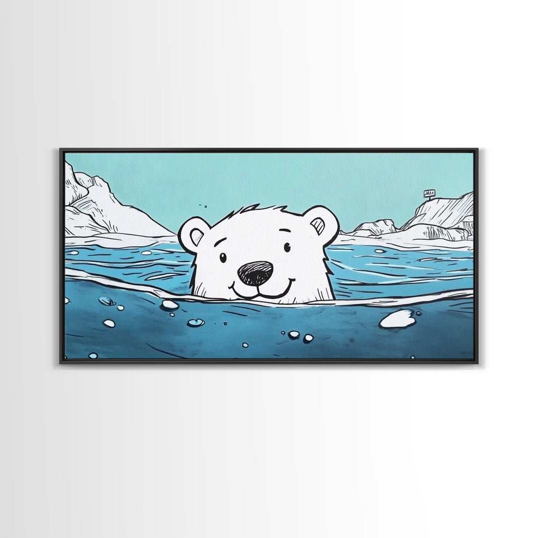 Smiling Polar Bear Swimming In Icy Sea Wall Art, Playful Arctic Animal Print, Ocean Nursery Decor, Kids Room Canvas Gift