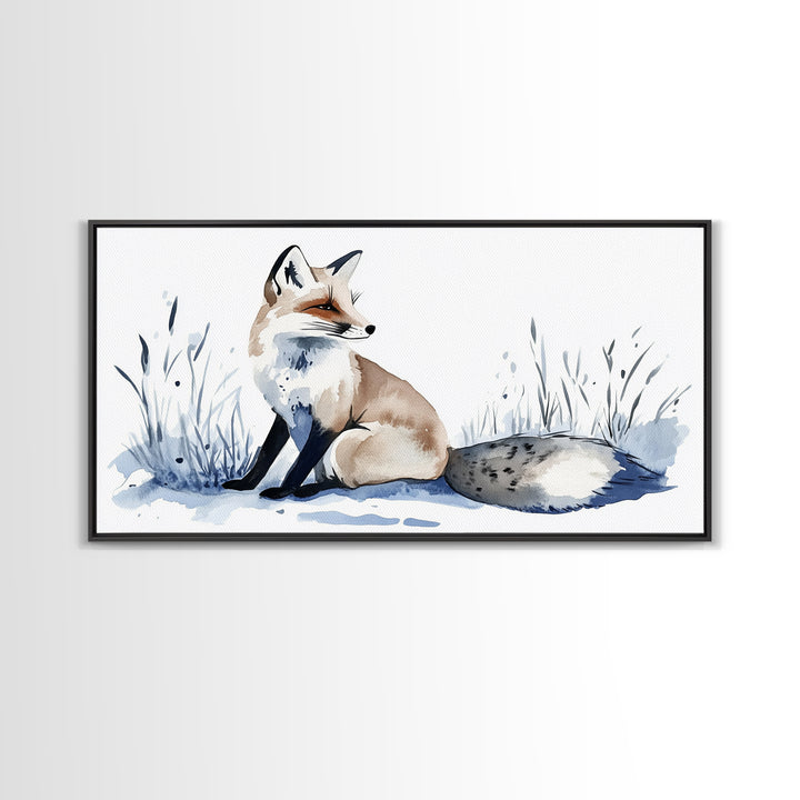 Sitting Fox In Frosted Grass Wall Art, Minimal Watercolor Wildlife Canvas Print, Neutral Nursery Decor, Animal Lover Gift