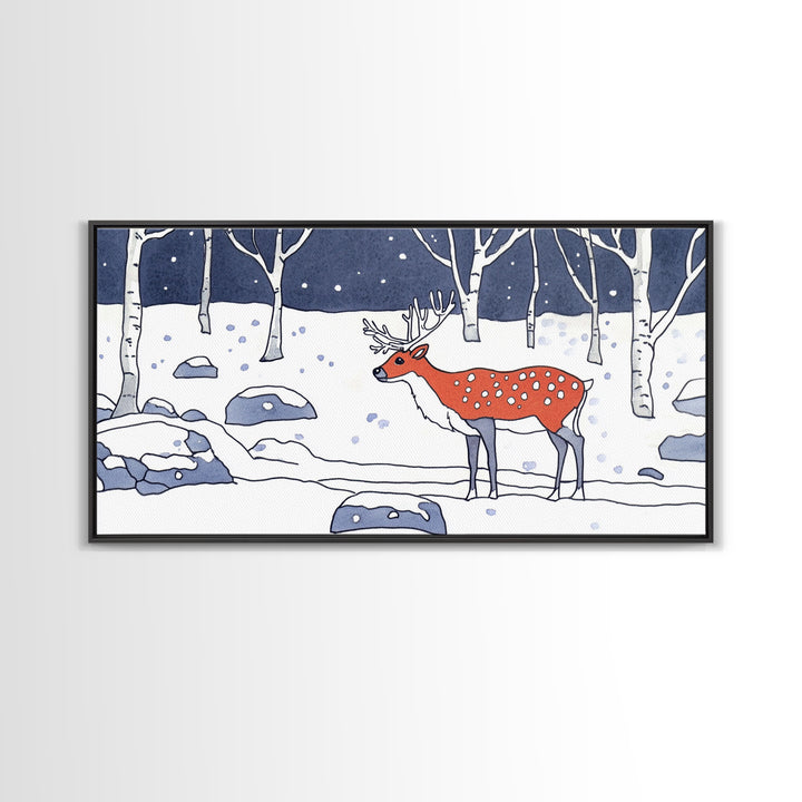 Red Deer In Snowy Birch Forest Canvas Print, Winter Wildlife Wall Art, Woodland Nursery Decor, Rustic Cabin Home Decor Gift