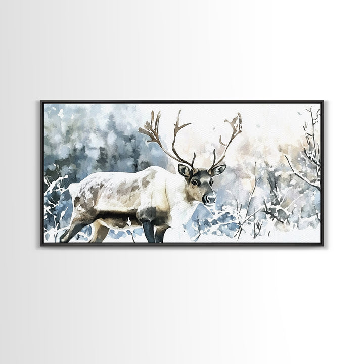 Majestic Caribou In Frosted Woods Framed Canvas Print, Winter Wildlife Wall Art, Rustic Cabin Decor, Nature Lover Art Gift