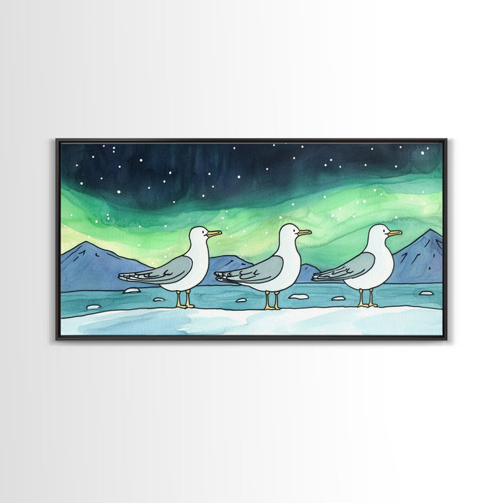 Three Seagulls Under Aurora Sky Wall Art, Winter Coastal Bird Canvas Print, Nautical Ocean Decor, Beach House Christmas Gift