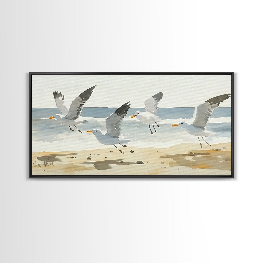 Flying Seagulls Over Sandy Watercolor Beach Wall Art, Coastal Ocean Canvas Print, Nautical Seascape Decor, Beach House Gift