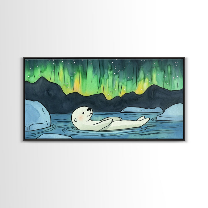 Polar Bear Floating Beneath Aurora Canvas Print, Arctic Wildlife Wall Art, Northern Lights Decor, Kids Room Animal Gift Print