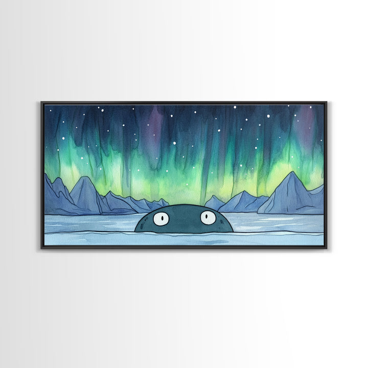 Whimsical Whale Peeking At Aurora Canvas Print, Northern Lights Wall Art, Arctic Ocean Decor, Kids Room Animal Gift For Nursery