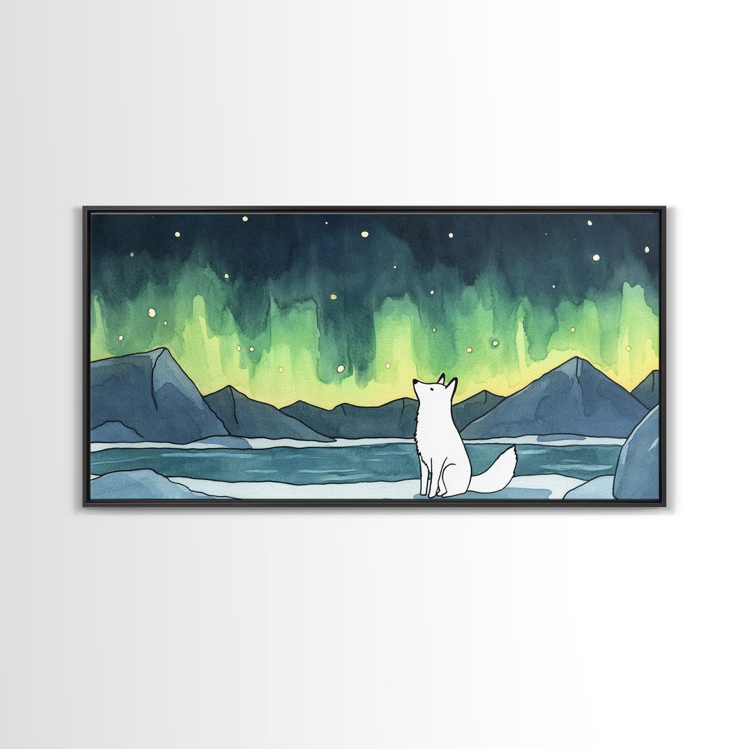 White Arctic Fox Watching Aurora Canvas Print, Northern Lights Wall Art, Winter Landscape Decor, Nature Lover Gift For Her