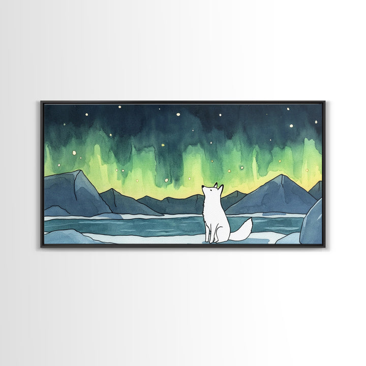 White Arctic Fox Watching Aurora Canvas Print, Northern Lights Wall Art, Winter Landscape Decor, Nature Lover Gift For Her