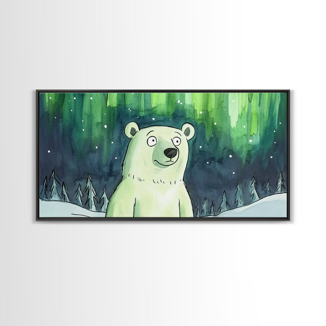 Polar Bear Under Northern Lights Canvas Print, Whimsical Winter Wall Art, Kids Room Decor, Nursery Animal Art Gift For Baby Bedroom