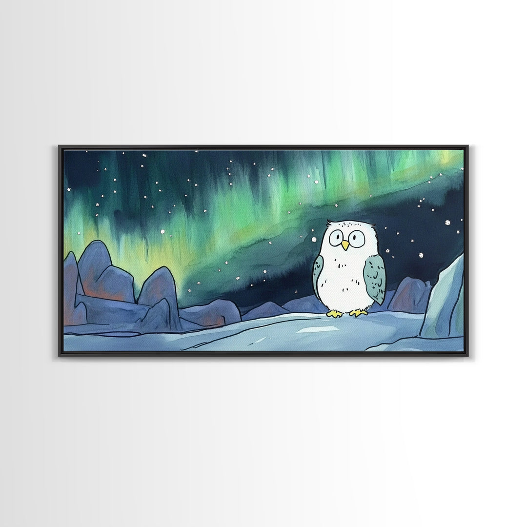 Snowy Owl Beneath Aurora Mountains Canvas Print, Northern Lights Wall Art, Whimsical Animal Art, Kids Room Decor Gift For Her