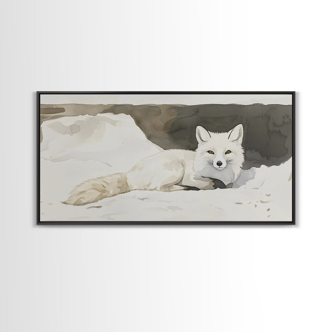 White Arctic Fox In Snow Canvas Print, Neutral Winter Wildlife Wall Art, Nursery Animal Art, Scandinavian Bedroom Decor Gift