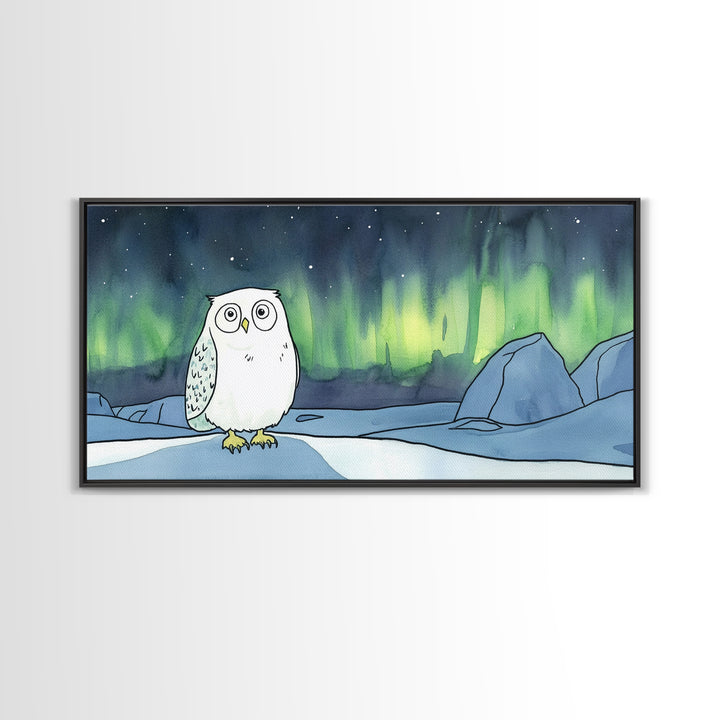 Wide Eyed Snowy Owl Aurora Canvas Print, Northern Lights Wall Art, Whimsical Animal Art, Kids Room Decor Gift For Baby Bedroom