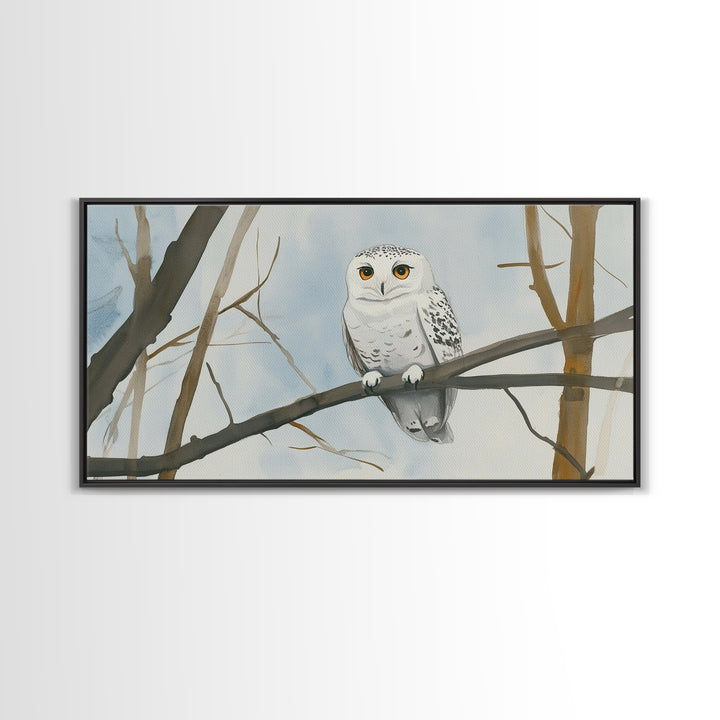 Snowy Owl On Winter Branch Canvas Print, Woodland Wildlife Wall Art, Neutral Nursery Animal Art, Scandinavian Office Decor