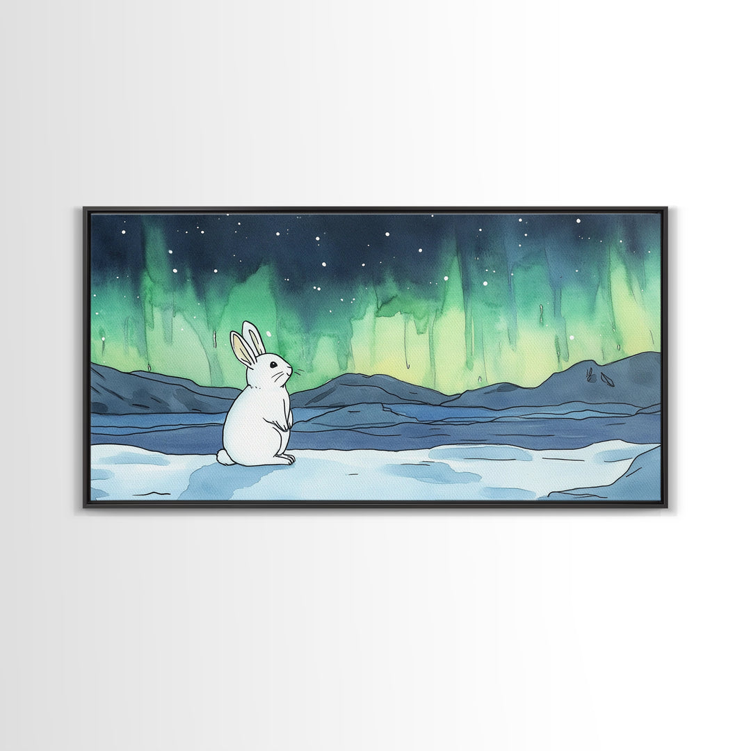 White Rabbit Watching Aurora Canvas Print, Northern Lights Wall Art, Whimsical Animal Art, Nursery Decor Gift For Kids Room