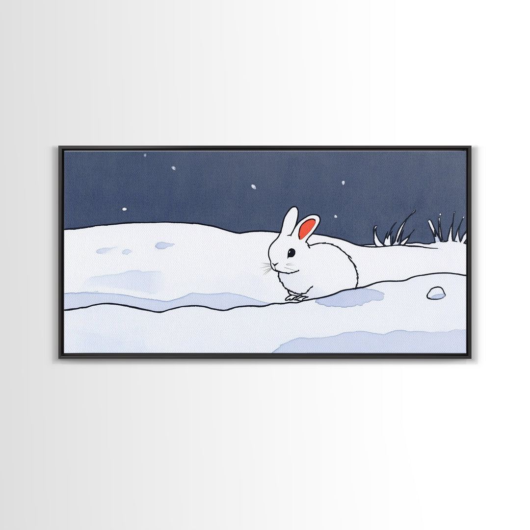 Little White Rabbit In Snow Canvas Print, Minimal Winter Wall Art, Nursery Animal Art, Scandinavian Kids Room Decor Gift