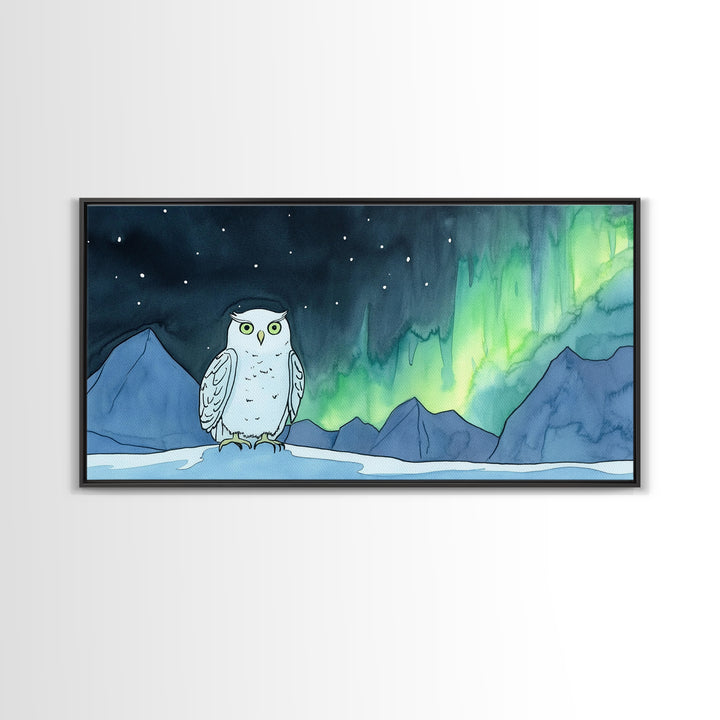 Snowy Owl Northern Lights Canvas Print, Aurora Mountain Wall Art, Whimsical Wildlife Art, Nursery Kids Room Decor Gift For Her