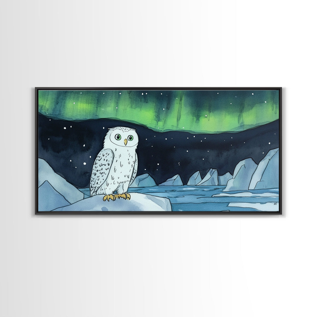 Snowy Owl Under Northern Lights Framed Canvas Print, Aurora Borealis Wall Decor, Arctic Wildlife Nursery Or Cabin Art Gift