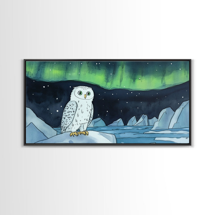 Snowy Owl Under Northern Lights Framed Canvas Print, Aurora Borealis Wall Decor, Arctic Wildlife Nursery Or Cabin Art Gift