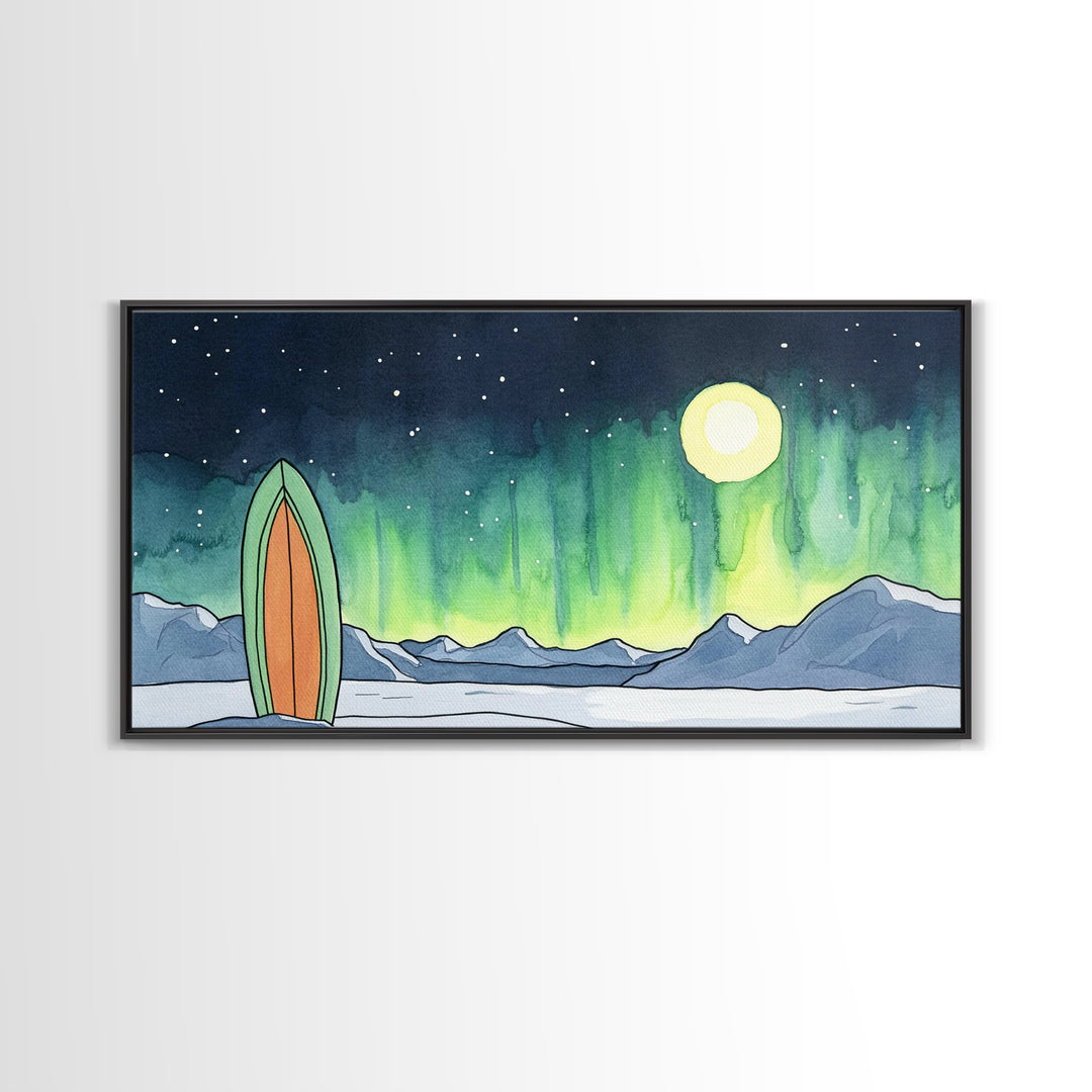 Surfboard Under Northern Lights Framed Canvas Print, Aurora Mountain Wall Art, Coastal Adventure Decor For Bedroom Or Beach House Decor