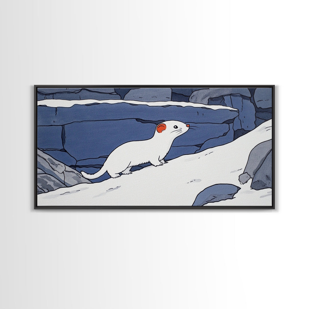 White Weasel On Snowy Rocks Canvas Print, Arctic Animal Wall Decor, Winter Wildlife Art Print, Rustic Nursery Home Decor