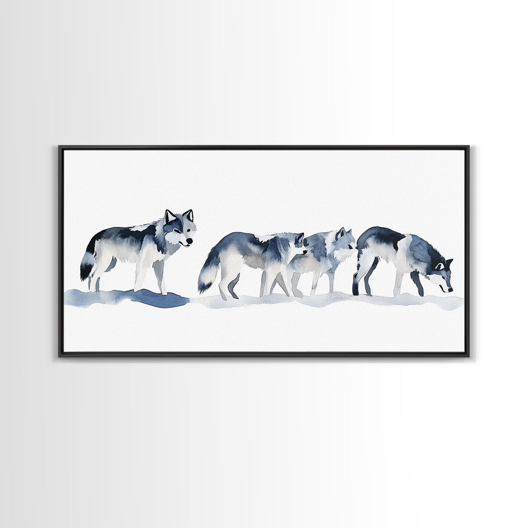 Walking Wolf Pack In Snow Framed Canvas Print, Watercolor Wildlife Wall Art, Rustic Cabin Decor, Winter Animal Art Print