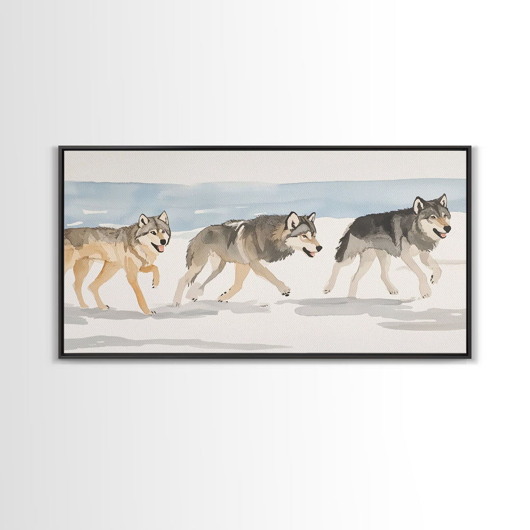 Three Running Wolves In Snow, Framed Canvas Print, Wildlife Wall Art, Rustic Cabin Decor, Winter Landscape, Gift For Him