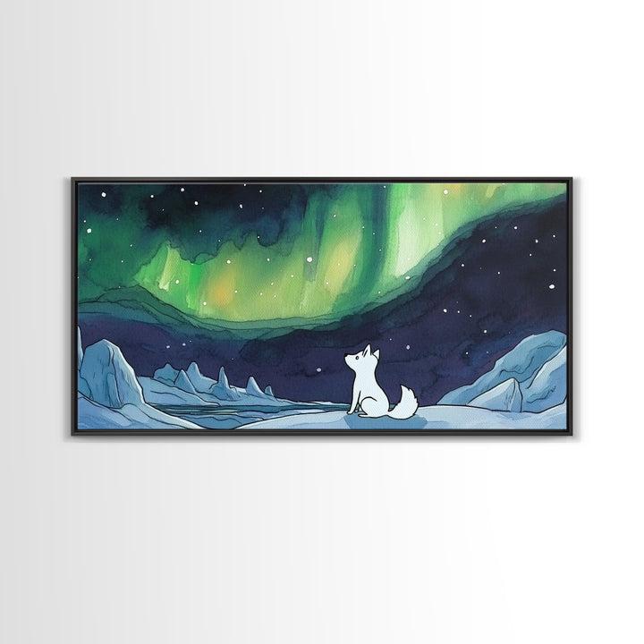 White Arctic Fox Under Northern Lights, Wall Art, Celestial Winter Landscape, Whimsical Nursery Decor, Aurora Canvas Print