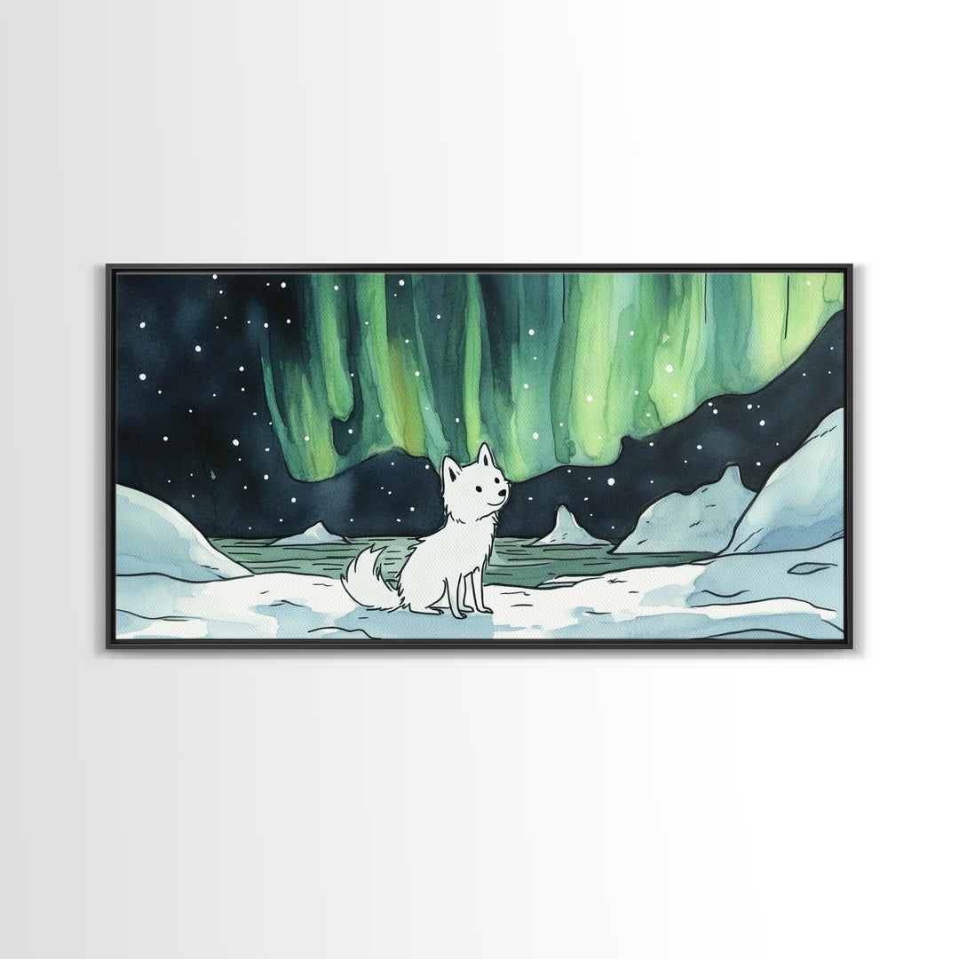 Sitting White Fox With Aurora Sky, Framed Canvas Print, Celestial Wall Art, Winter Nursery Decor, Whimsical Gift For Her