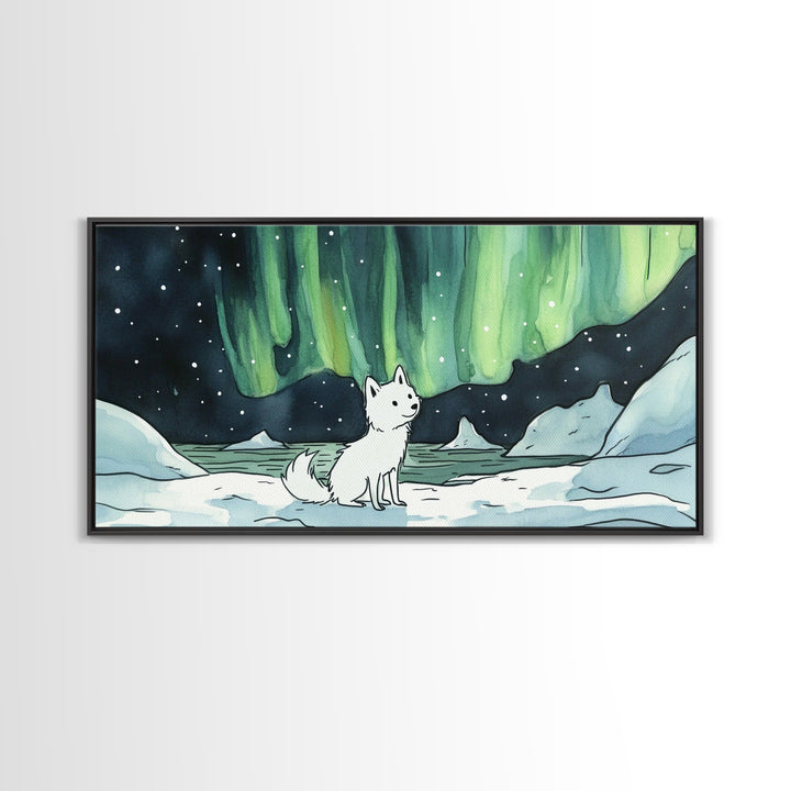 Sitting White Fox With Aurora Sky, Framed Canvas Print, Celestial Wall Art, Winter Nursery Decor, Whimsical Gift For Her