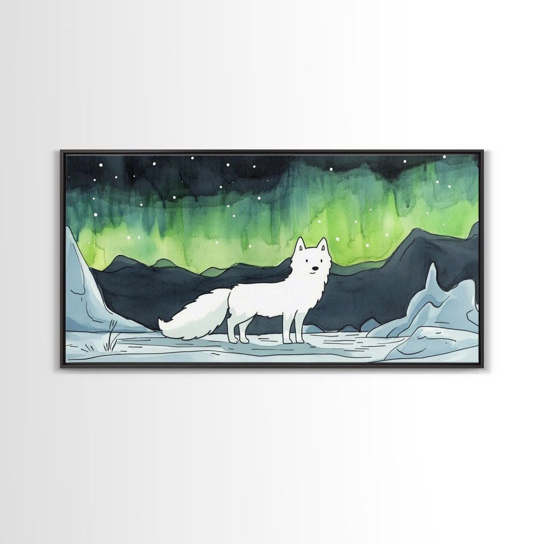 Standing White Arctic Fox With Northern Lights, Wall Art, Celestial Winter Landscape, Wildlife Canvas Print, Cozy Home Decor