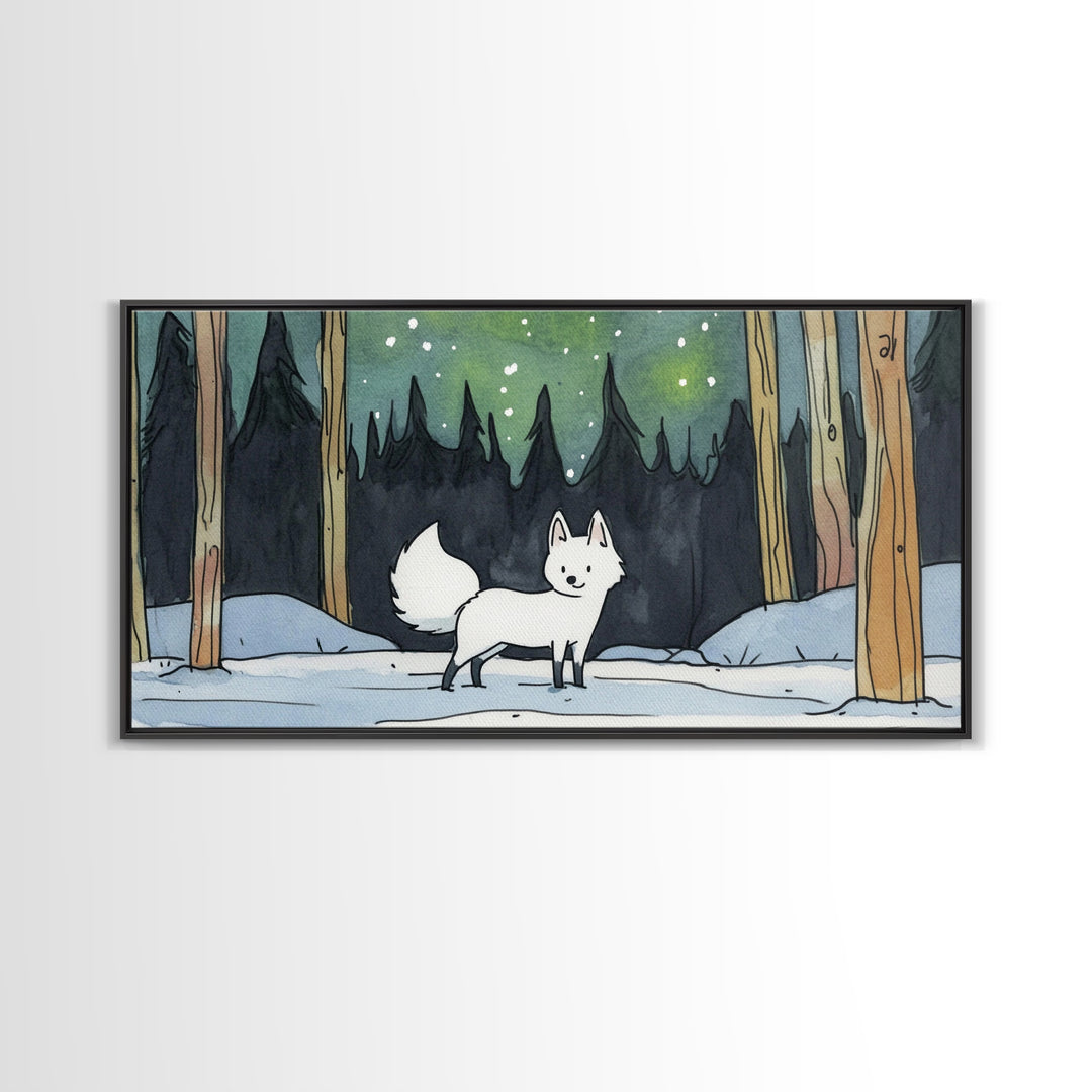 White Fox In Snowy Pine Forest, Framed Canvas Print, Nordic Winter Wall Art, Woodland Nursery Decor, Whimsical Gift For Her