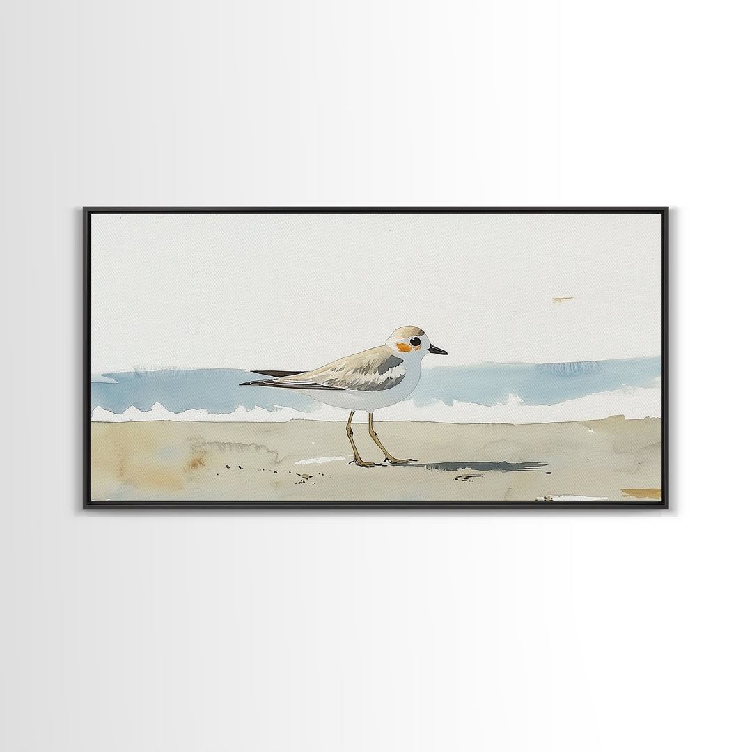 Tiny Snowy Plover Beside Gentle Surf Canvas Print, Watercolor Bird Art, Coastal Wall Art, Beach House Decor, Nature Print