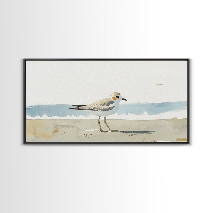 Tiny Snowy Plover Beside Gentle Surf Canvas Print, Watercolor Bird Art, Coastal Wall Art, Beach House Decor, Nature Print
