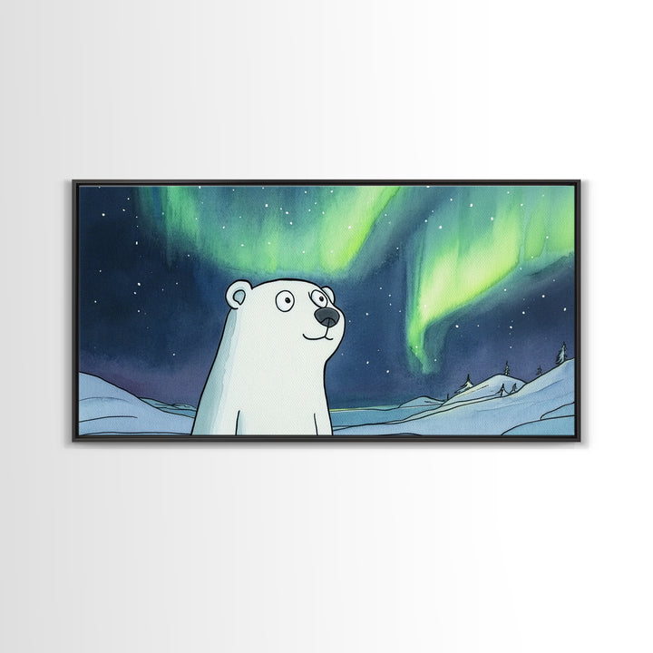 Whimsical Polar Bear Under Northern Lights Wall Art, Arctic Nursery Decor, Aurora Animal Print, Kids Room Canvas Gift, Home Decor