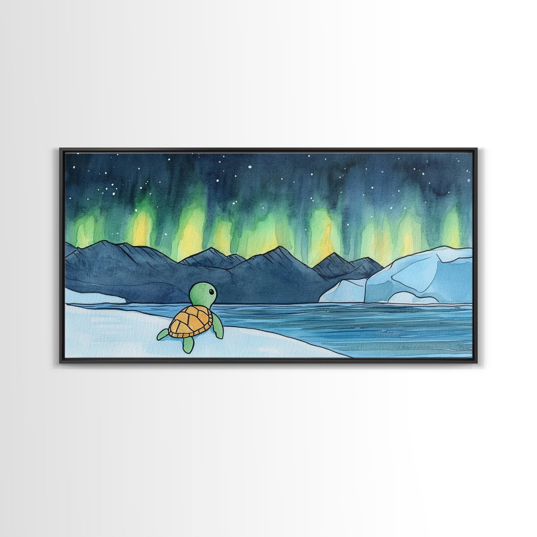 Baby Sea Turtle Watching Aurora Wall Art, Northern Lights Landscape, Arctic Ocean Nursery Decor, Whimsical Kids Room Print
