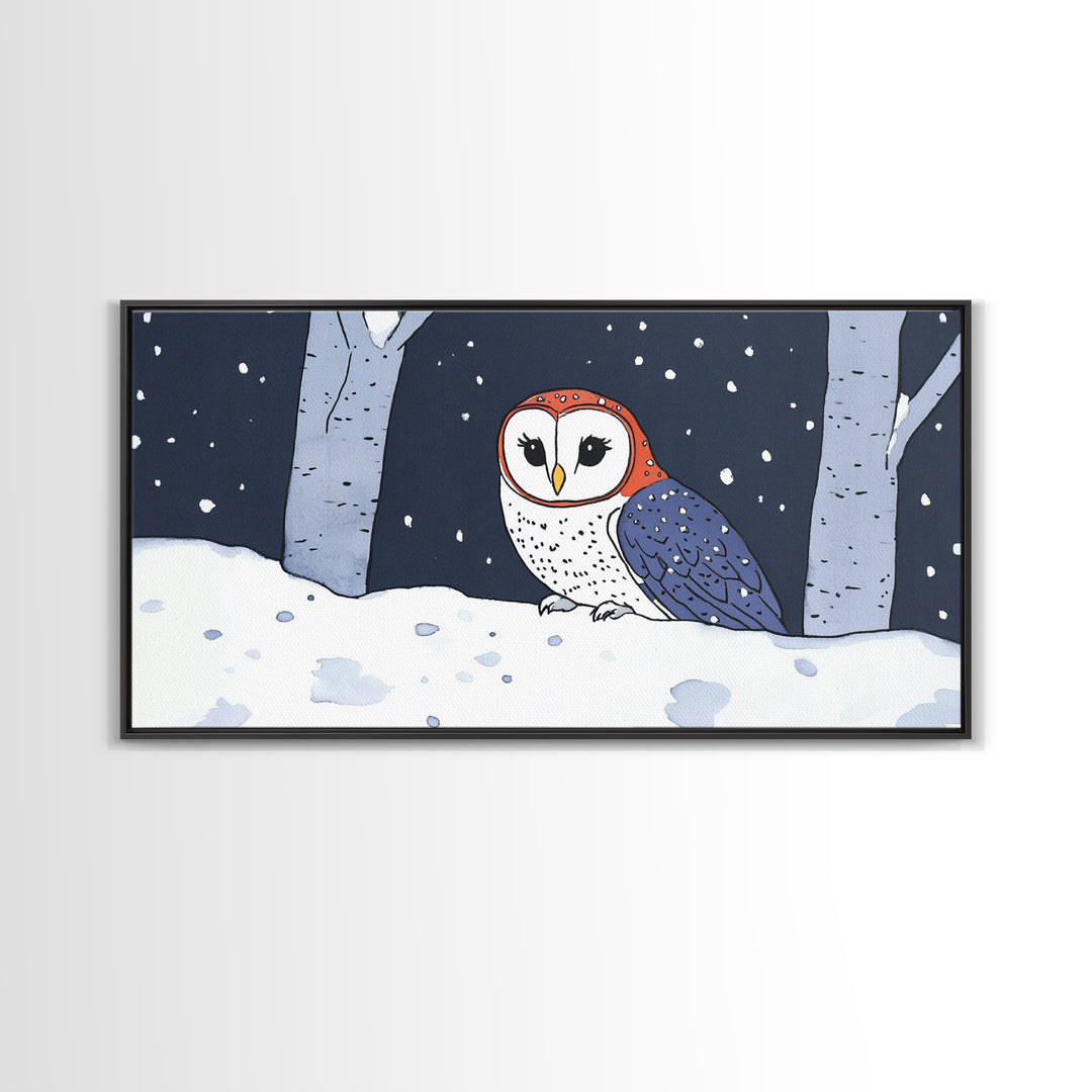 Cute Red And Blue Owl In Snow Wall Art, Woodland Nursery Decor, Whimsical Bird Print, Winter Animal Canvas For Kids Room