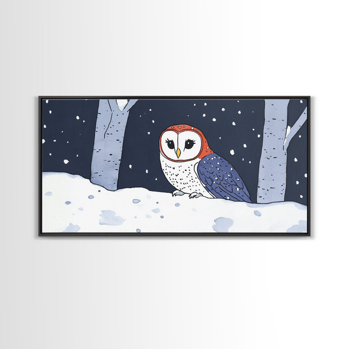 Cute Red And Blue Owl In Snow Wall Art, Woodland Nursery Decor, Whimsical Bird Print, Winter Animal Canvas For Kids Room
