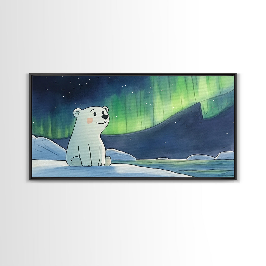 Smiling Polar Bear Under Northern Lights Canvas Print, Whimsical Arctic Nursery Decor, Kids Room Wall Art, Baby Shower Gift