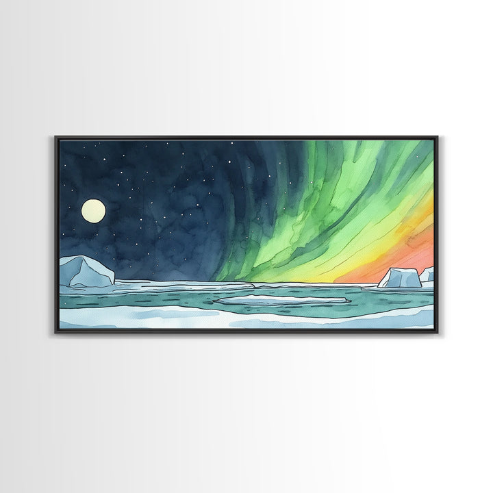 Aurora Borealis Over Icy Ocean Wall Art, Arctic Landscape Print, Celestial Night Sky Decor, Coastal Living Room Wall Art