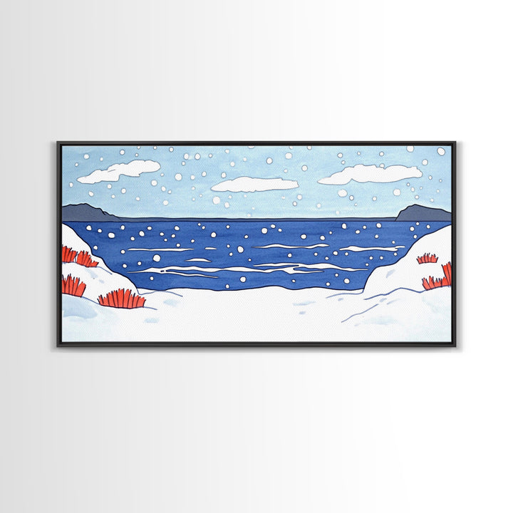 Snowy Winter Ocean With Red Grass Wall Art, Minimal Coastal Landscape Print, Scandinavian Nursery Decor, Beach House Wall Decor