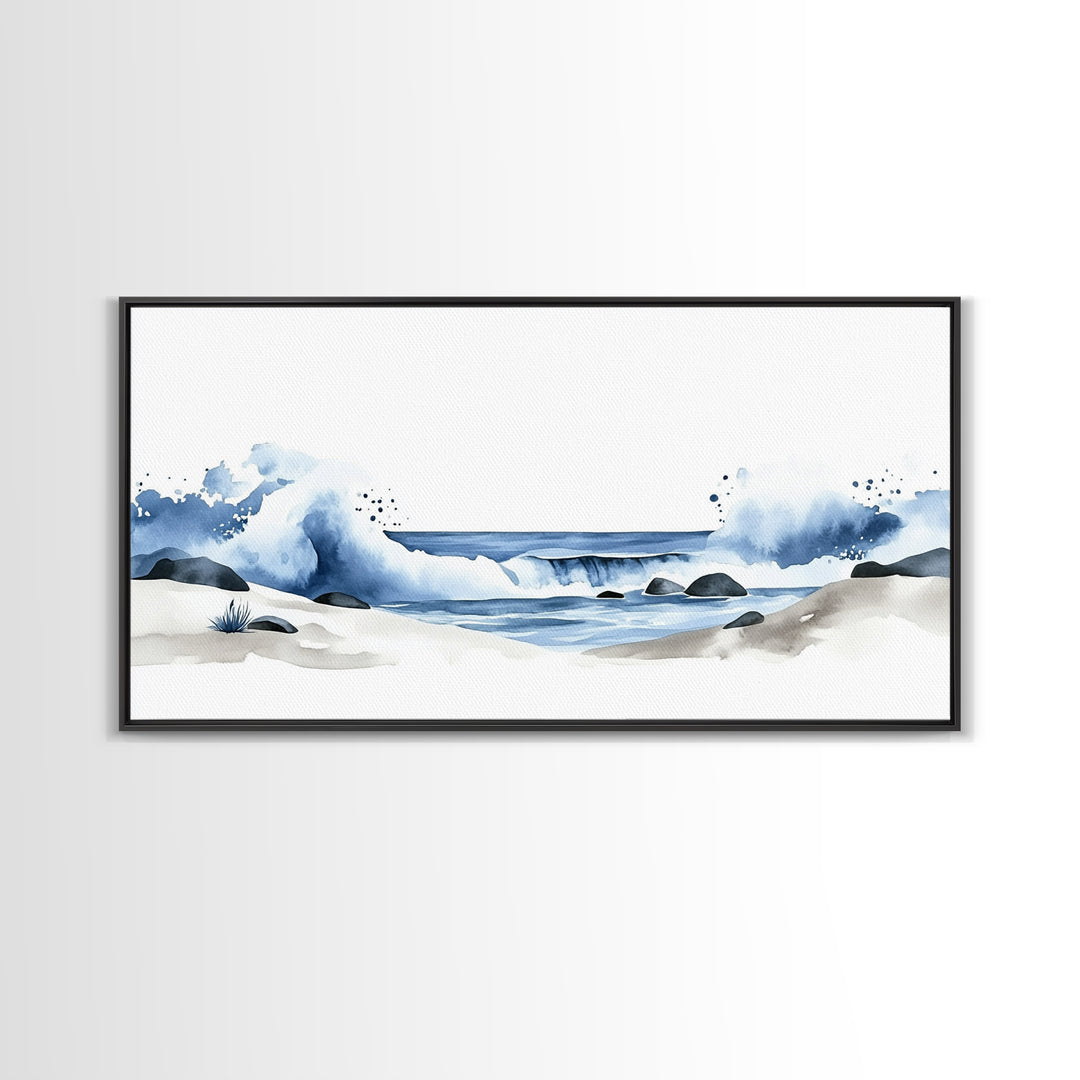 Crashing Blue Waves On Sandy Shore Canvas Print, Minimalist Ocean Wall Art, Coastal Bathroom Decor, Beach House Art Print