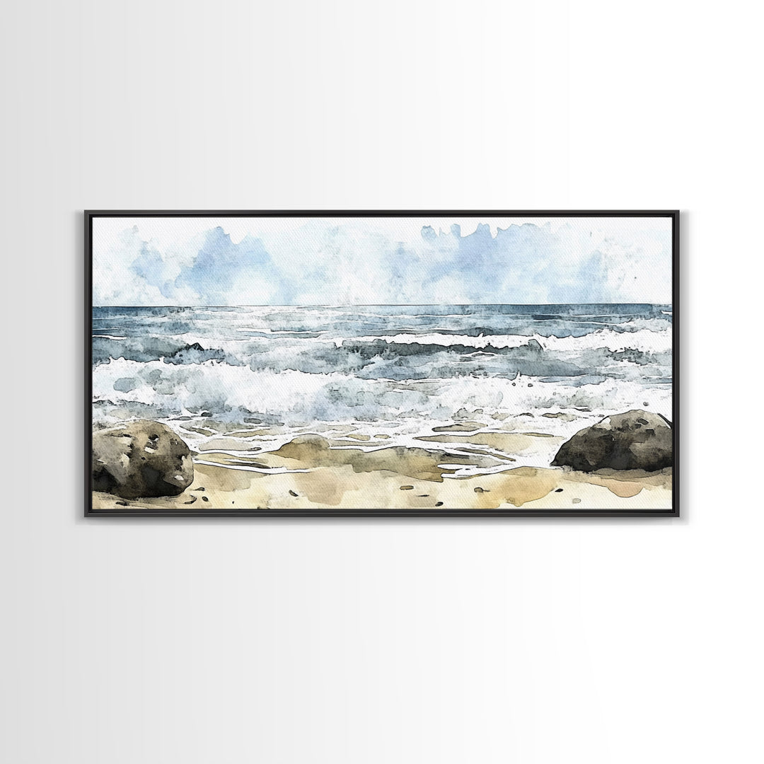 Rocky Surf And Foamy Tide Wall Art, Watercolor Ocean Painting Print, Nautical Coastal Decor, Beach House Living Room Art