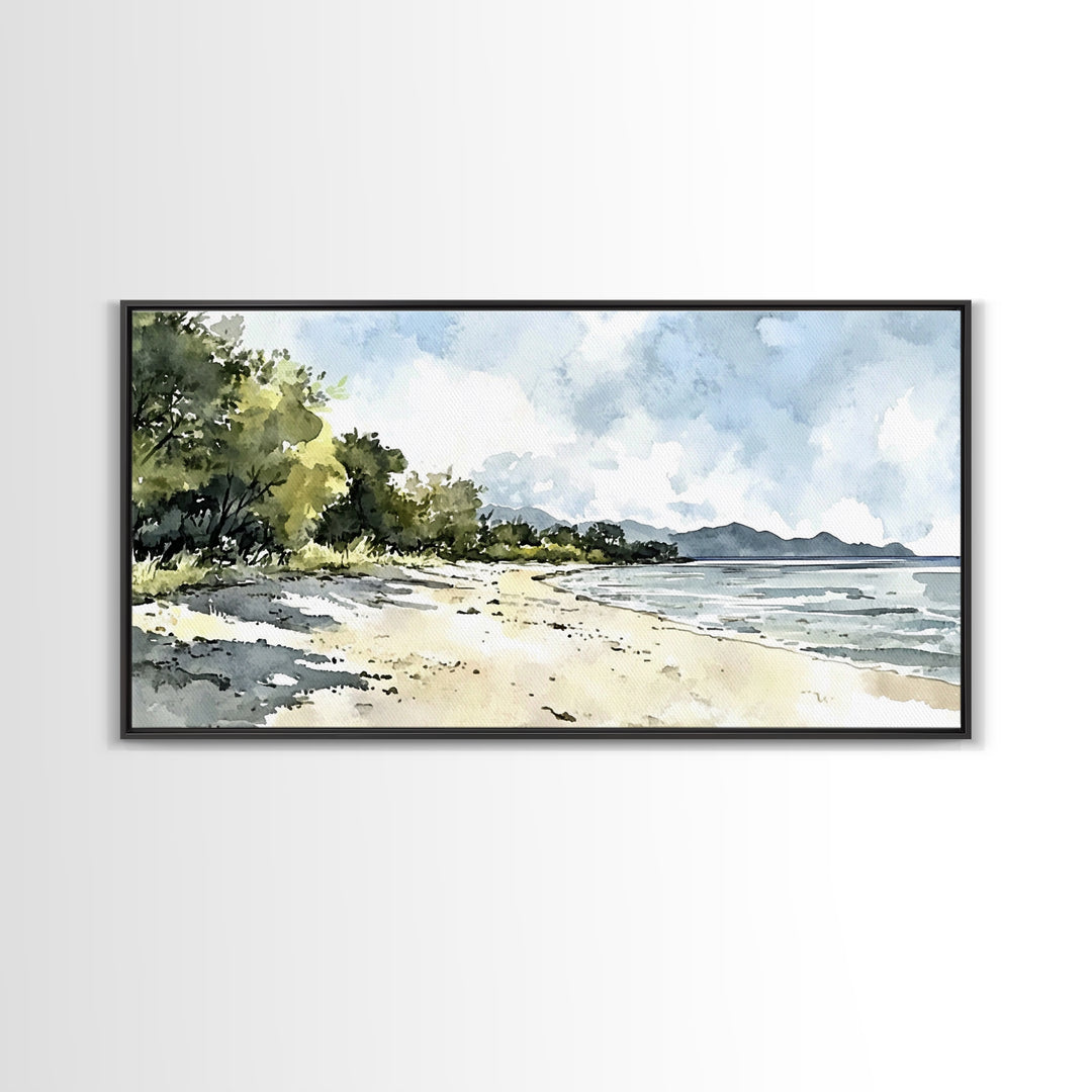Sunny Tropical Beach With Trees Canvas Print, Coastal Landscape Wall Art, Watercolor Ocean Decor, Beach House Living Room Print