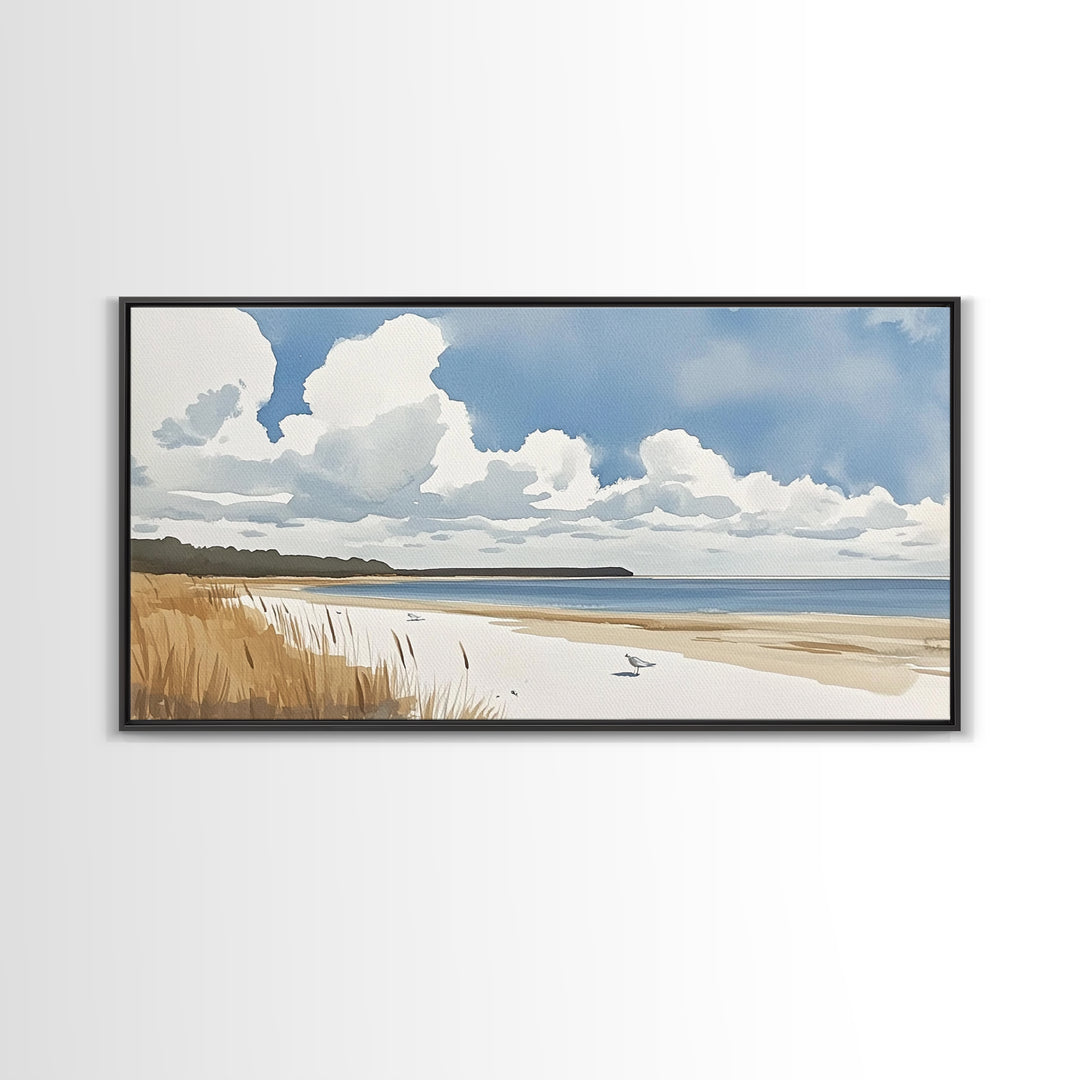 Open Sandy Beach With Big Clouds Wall Art, Soft Watercolor Seascape Print, Neutral Coastal Decor, Above Sofa Living Room Art