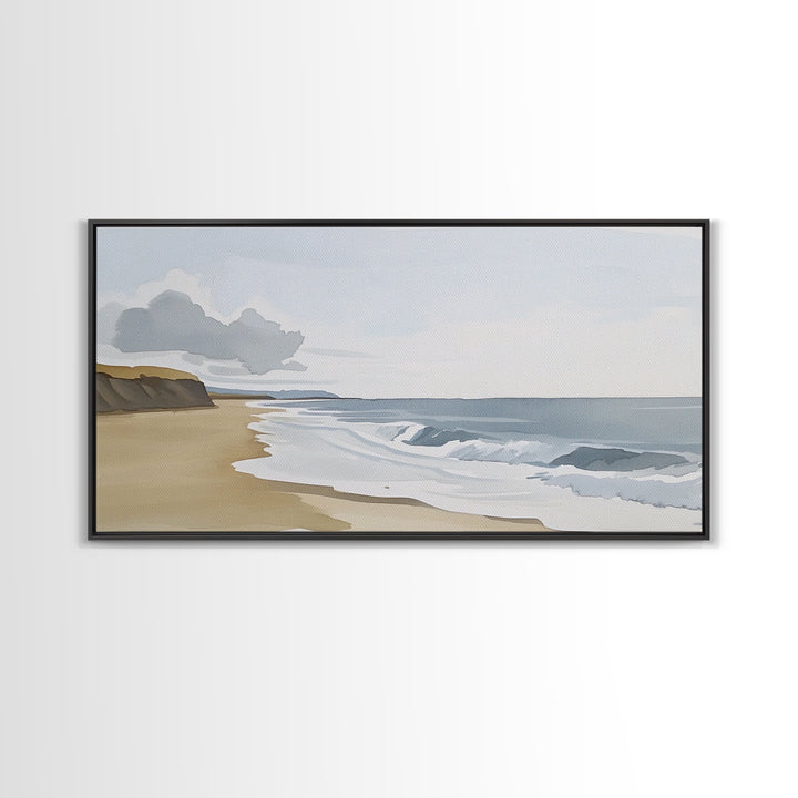 Quiet Shoreline With Rolling Waves Canvas Print, Minimalist Coastal Wall Art, Serene Beach Decor, Neutral Living Room Wall Art