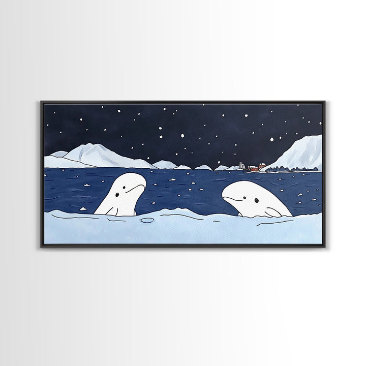 Two Beluga Whales In Icy Bay Wall Art, Arctic Ocean Watercolor Painting, Coastal Nursery Decor, Winter Wildlife Print Gift