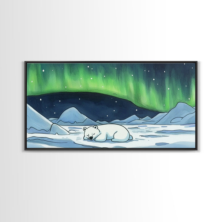 Polar Bear Under Green Aurora Wall Art, Arctic Animal Nursery Decor, Winter Landscape Art Print, Kids Room Decor Baby Gift