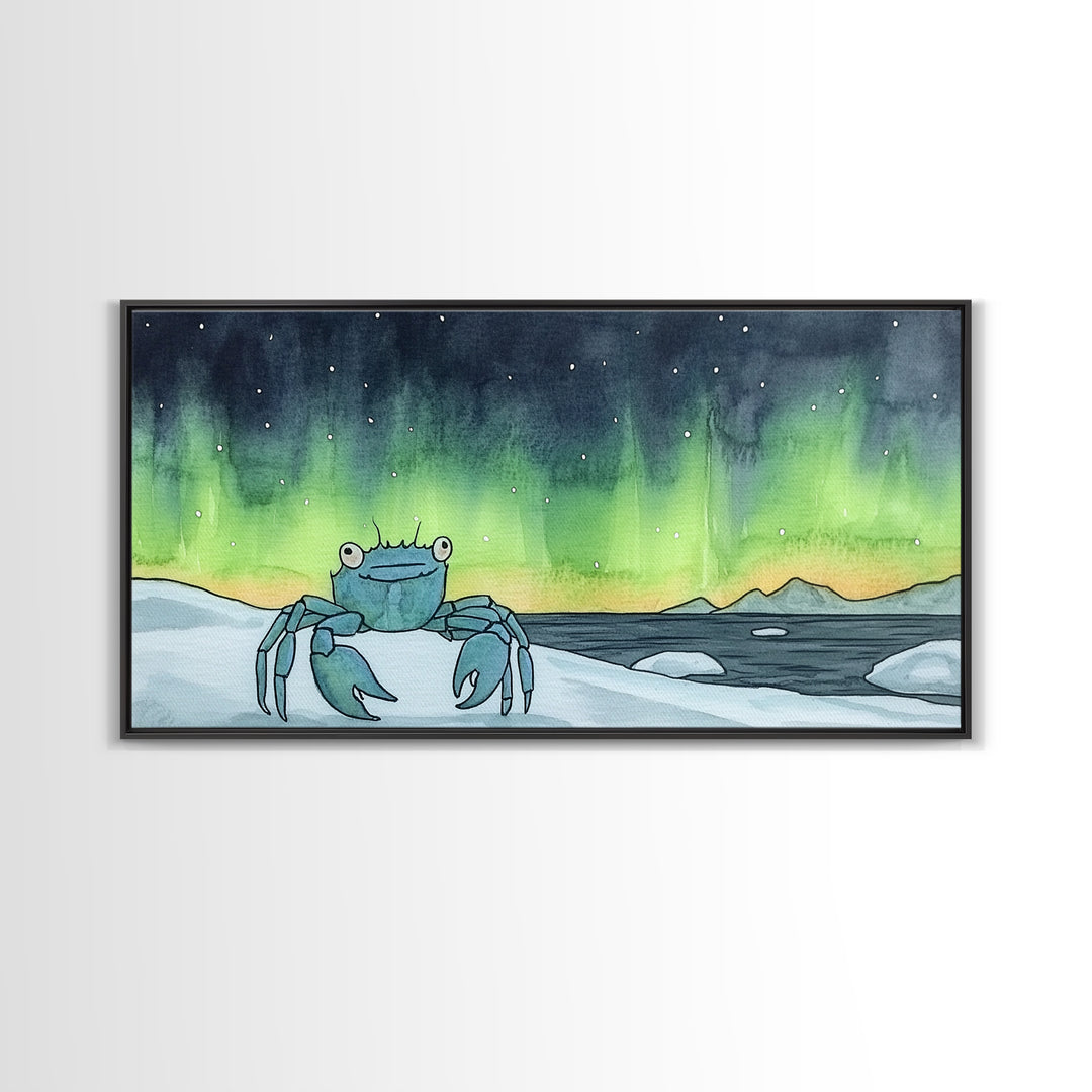 Blue Crab Under Green Aurora Wall Art, Coastal Animal Print, Ocean Nursery Decor, Whimsical Bathroom Wall Decor Gift For Her