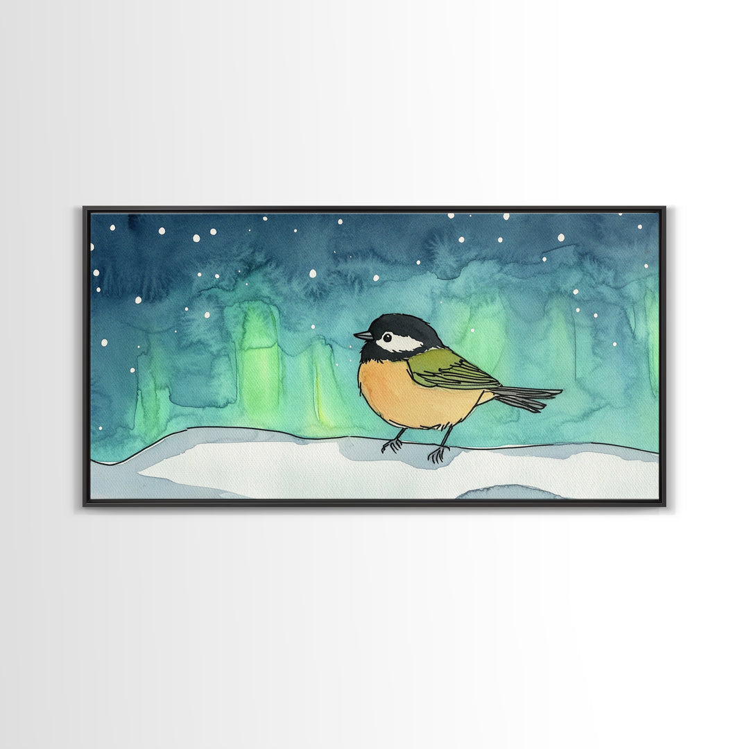 Chickadee Under Northern Lights Wall Art, Whimsical Bird Art Print, Celestial Nursery Decor, Kids Room Decor, Winter Wall Art