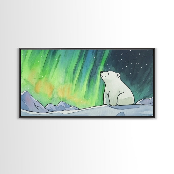 Polar Bear Beneath Aurora Framed Canvas Print, Arctic Animal Wall Art, Celestial Nature Decor, Kids Room Art, Nursery Wall Art