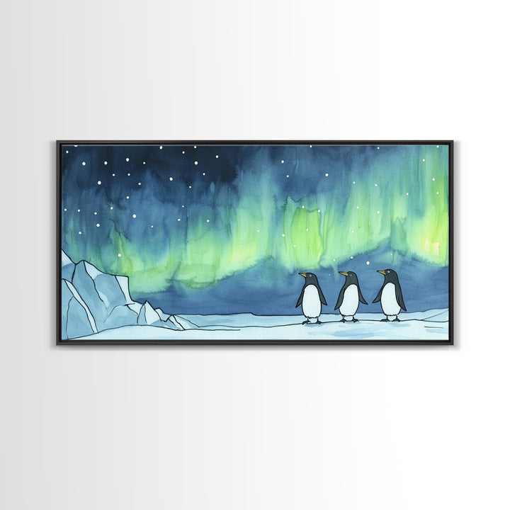 Penguins Walking Under Aurora Canvas Print, Arctic Animal Wall Art, Whimsical Nursery Decor, Kids Room Art, Coastal Wall Decor
