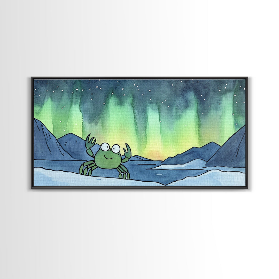 Cheerful Crab Under Northern Lights Wall Art, Whimsical Ocean Art Print, Coastal Nursery Decor, Kids Room Decor, Animal Wall Art